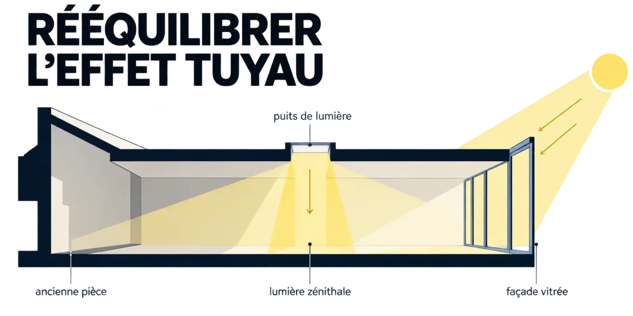 Schéma de l'effet tuyau et du rôle d'un puits de lumière dans une extension de maison