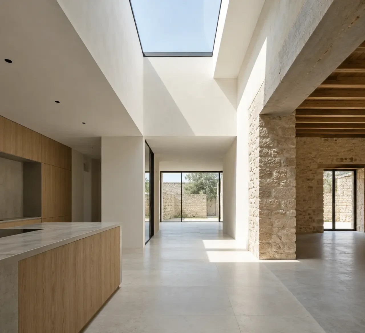 Extension maison avec puits de lumière diffusant la lumière naturelle dans le séjour
