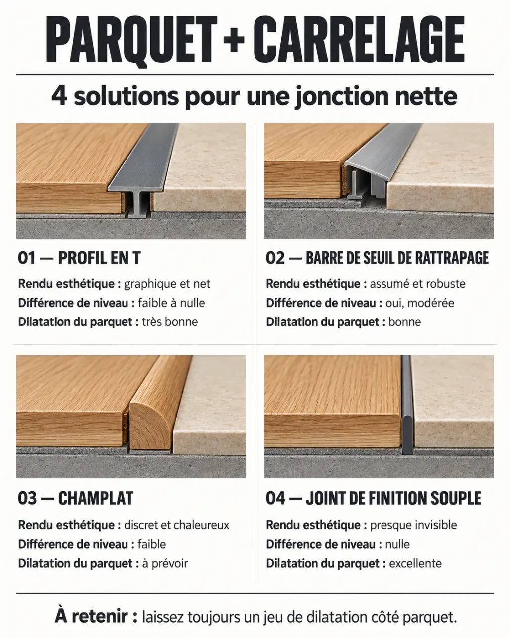 Infographie sur le mélange parquet et carrelage et les solutions de jonction entre les deux revêtements