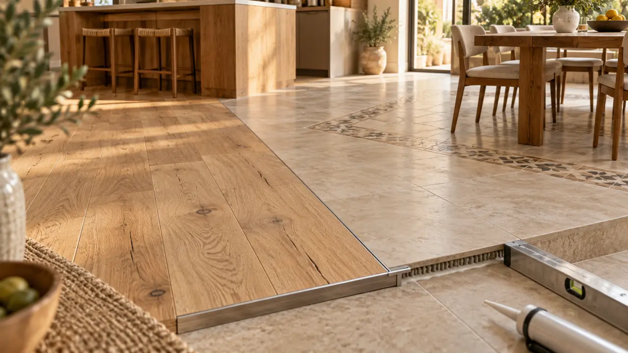 Melange parquet et carrelage, jonction élégante entre parquet chêne et carrelage