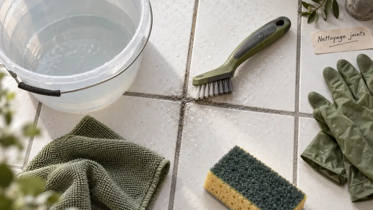 Nettoyage joints carrelage sol sans creuser, brosse et eau sur joints ciment
