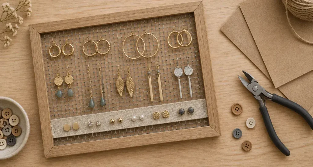 Fabriquer un rangement de boucles d’oreilles fait maison, avec un support adapté à chaque paire