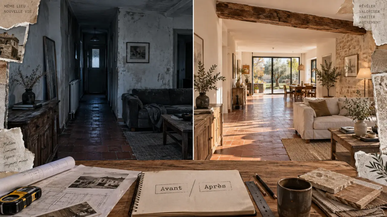Rénovation vieille maison avant/après : séjour rénové, avant sombre et après lumineux
