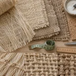 Revêtement mural en fibre naturelle : rouleau abaca, lés sisal et jute sur table